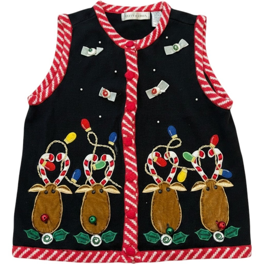 Victoria Jones Womens Reindeer Ugly Christmas Sweater Vest Black Red Size M